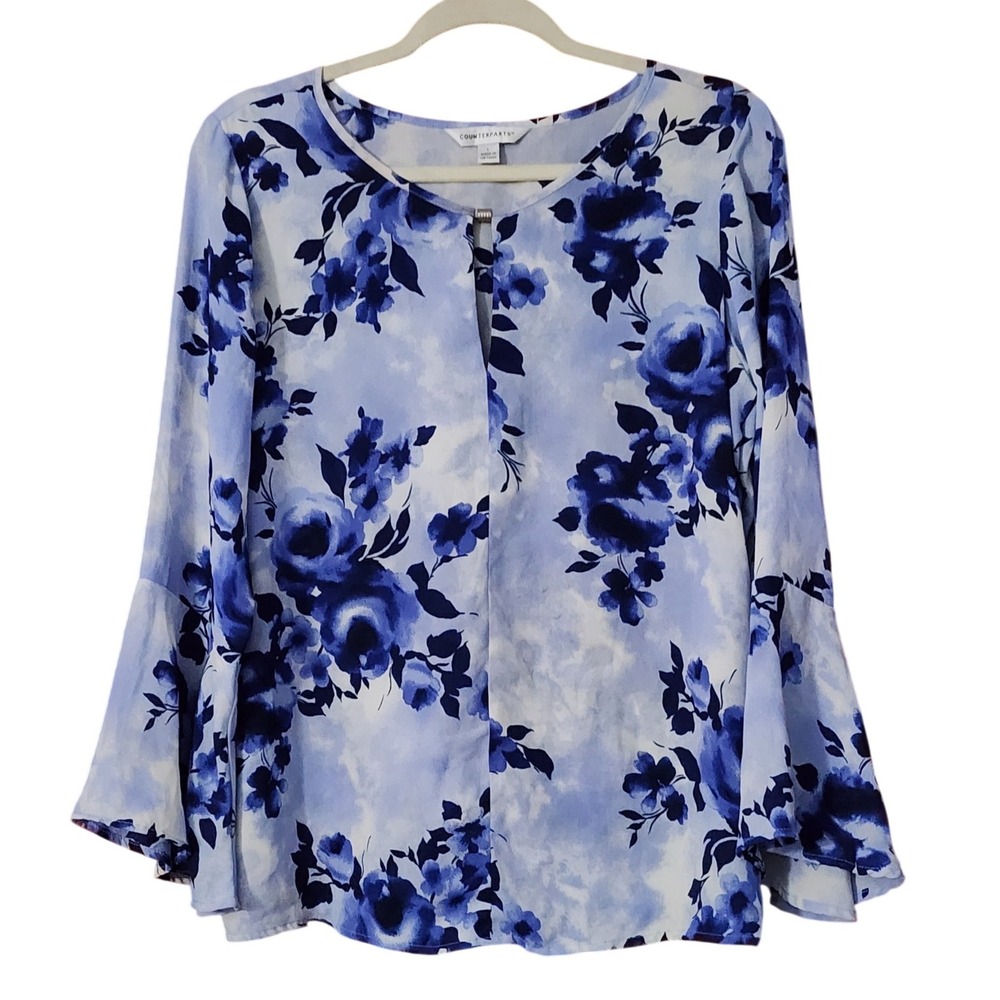 Counterparts Womens Cottagecore Blouse Blue Floral Bell Sleeve Large